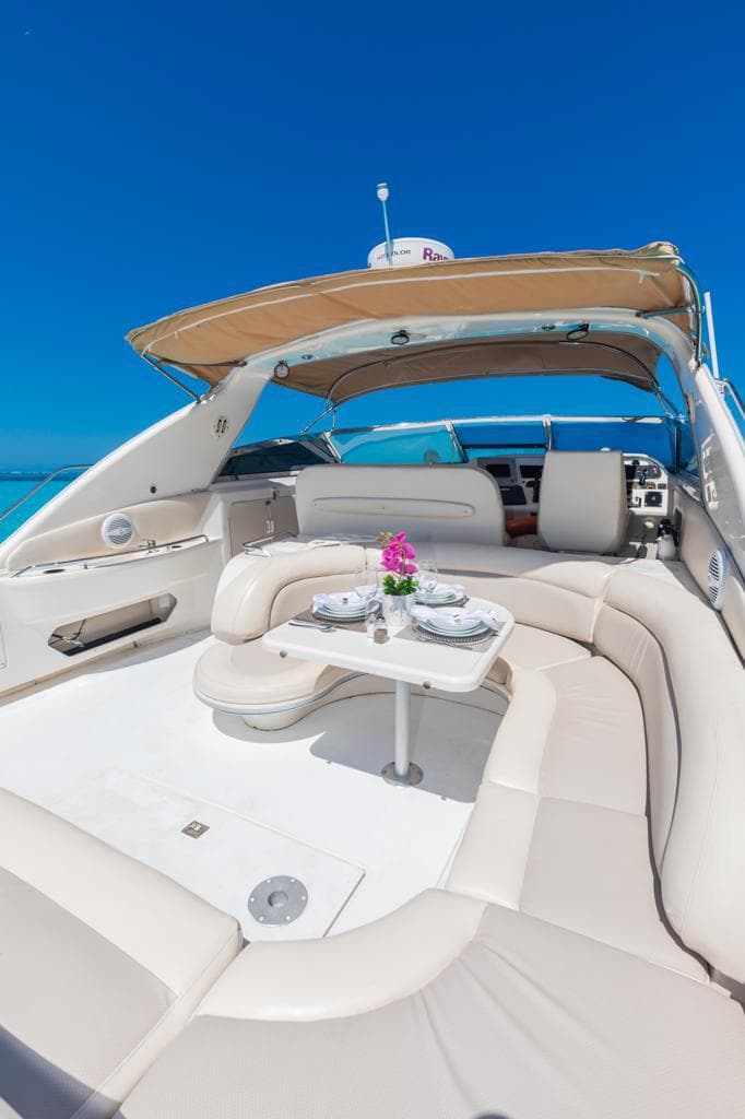 Stern bathtub with table, seating, and sunbathing area under the canopy.