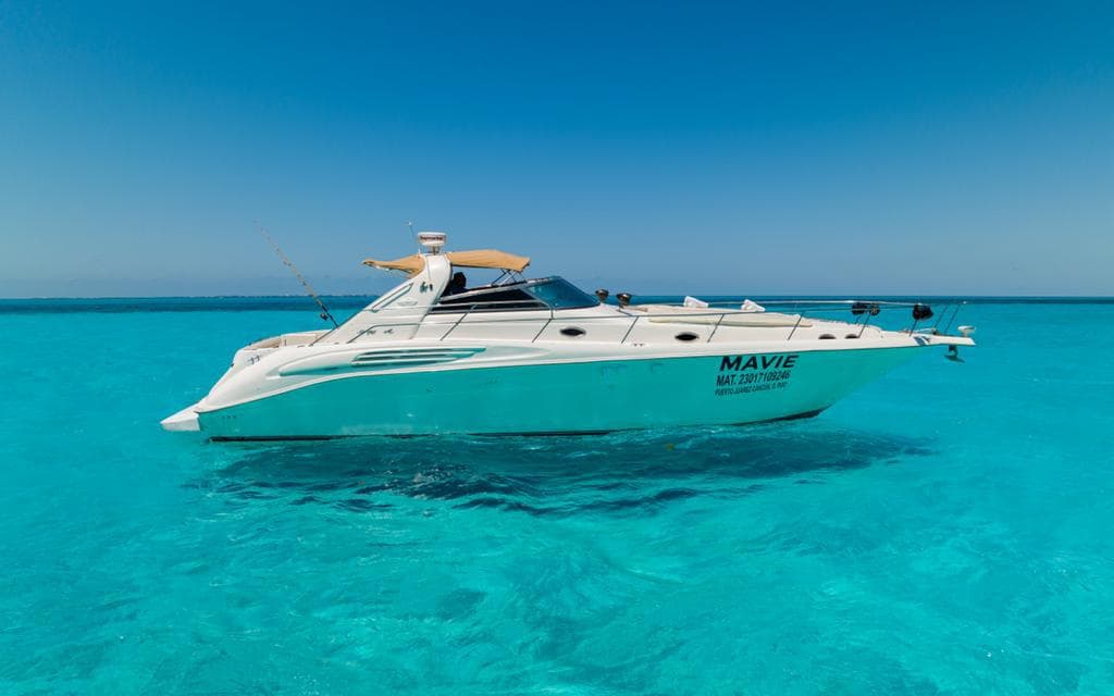 Profile of the moored yacht, named MAVIE, with the registration number on the hull.