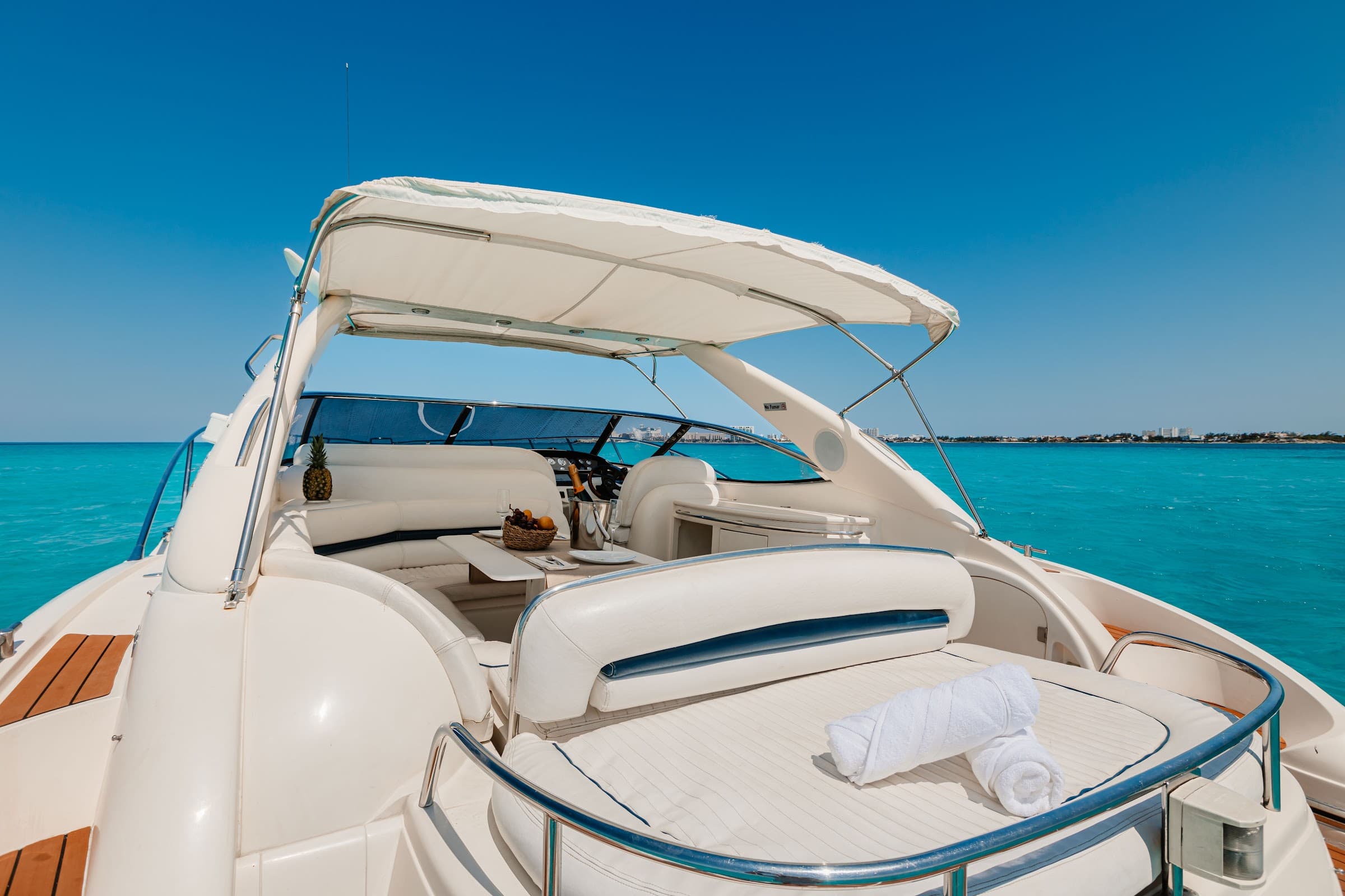 Stern bathtub with L-shaped sofa and canopy, facing the bow.