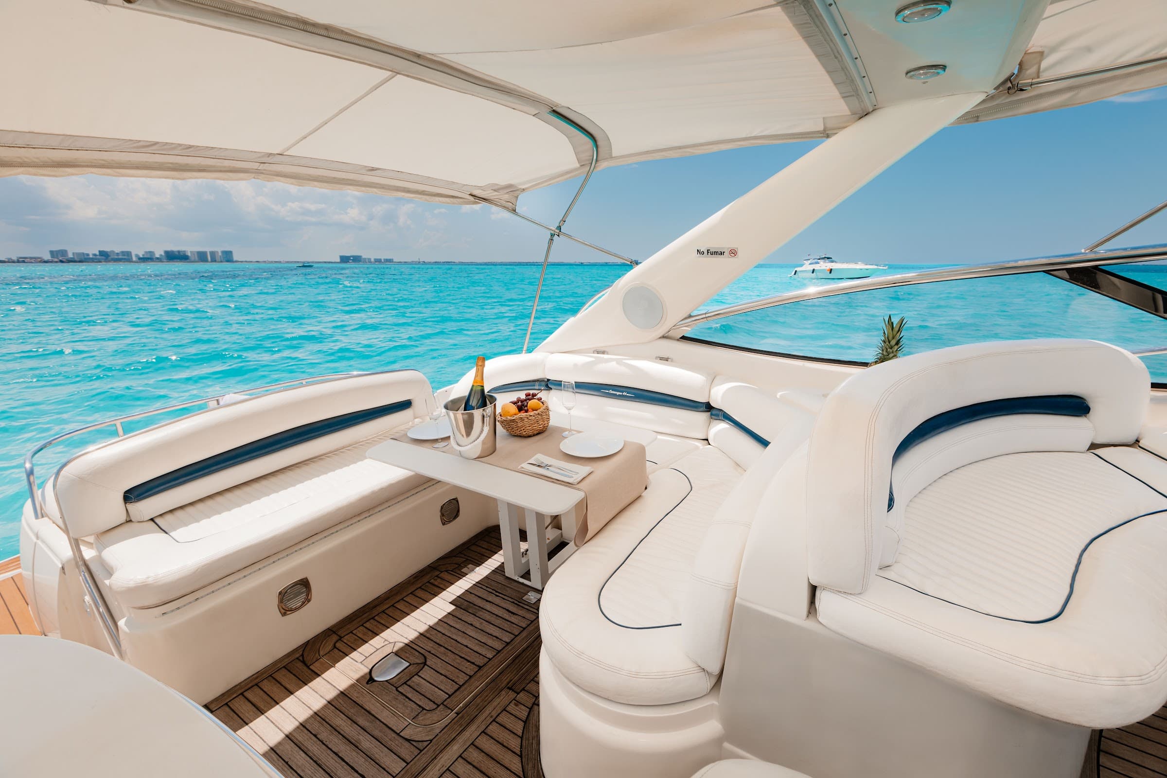 Bow area with sunbathing platform, table, and shade under the awning.
