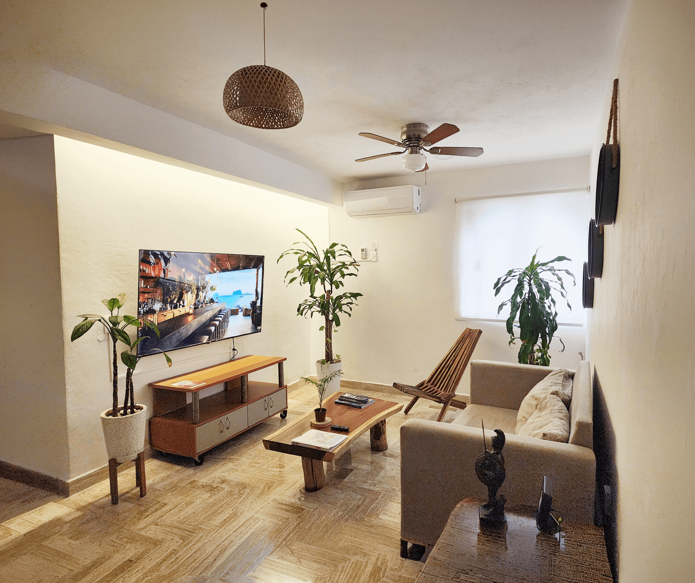 Living room with sofa, television, coffee table, and plants.