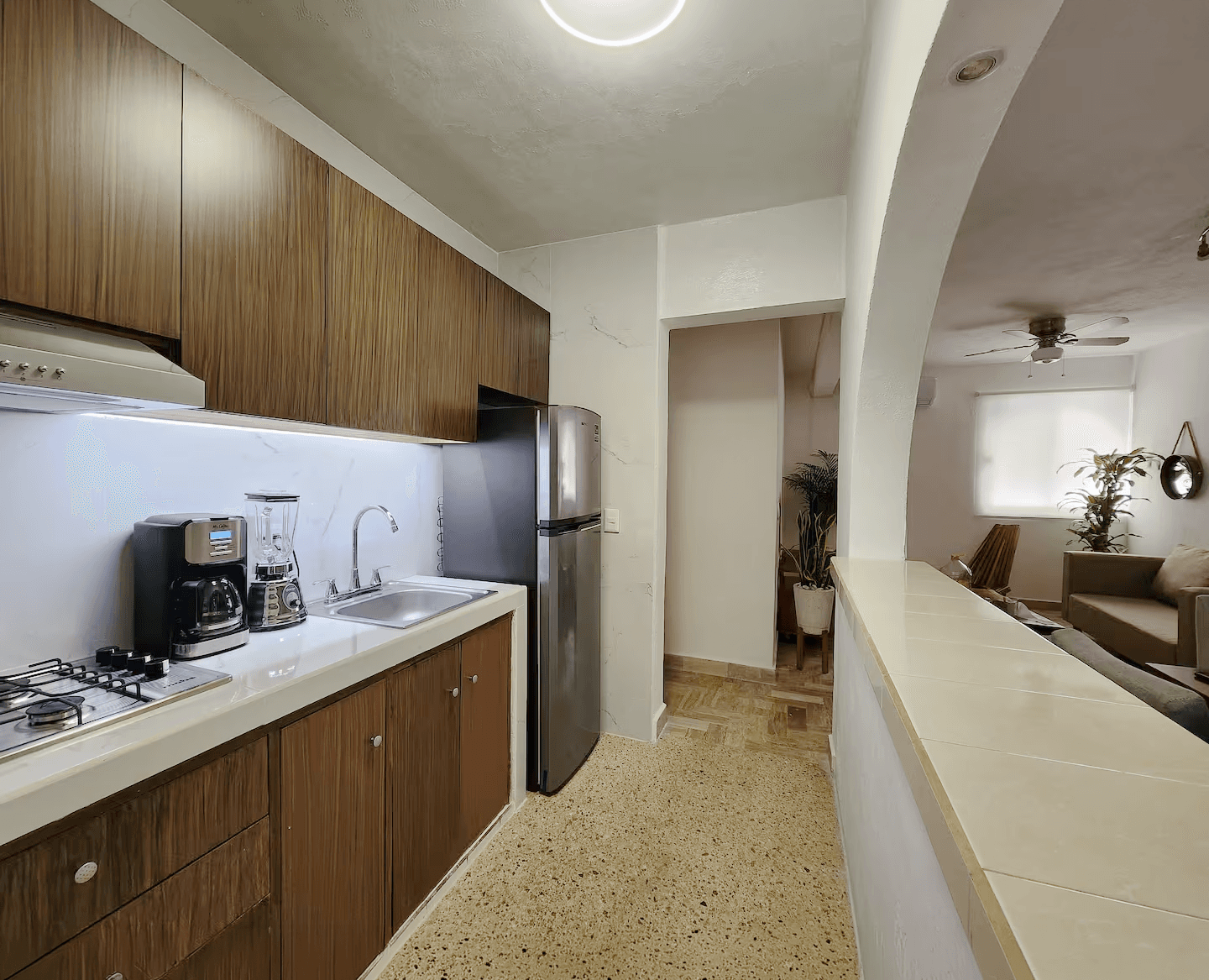 Kitchen viewed from the arch of the living room, with a bar and hallway.